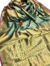 Sea green color soft banarasi lichi silk saree with golden zari weaving work