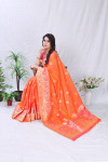 Peach color pure banarasi silk saree with golden zari work