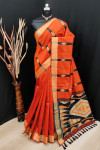 Orange color bhagalpuri cotton banarasi silk handloom weaving saree
