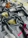 Gray color soft lichi silk saree with golden and silver zari work