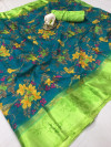 Rama green color soft doriya cotton saree with beautiful flower print work