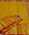 Yellow color kanchipuram handloom silk saree with contrast rich pallu