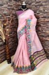 Baby pink color soft linen silk saree with woven work