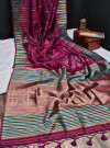 Pink color tussar silk weaving saree with ikkat woven border & zari woven pallu