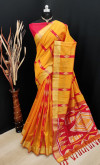 Yellow color bhagalpuri cotton banarasi silk handloom weaving saree
