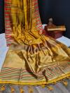 Yellow color tussar silk weaving saree with ikkat woven border & zari woven pallu
