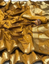 Mustard yellow color lichi silk saree with golden zari weaving work