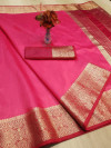 Pink color rich crystal silk saree with weaving border work