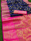 Navy blue color banarasi soft silk saree with rich pallu