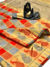 Red and gray color soft banarasi silk saree with zari work
