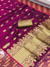 Magenta color lichi silk saree with golden zari work