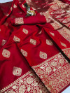 Red color banarasi soft silk saree with rose gold zari weaving work