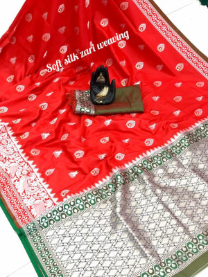 Red color banarasi silk weaving jacquard saree with rich pallu