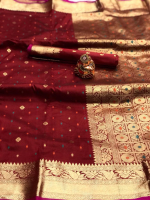 Maroon color soft silk saree with zari work