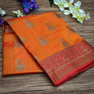 Orange color banarasi khicha silk weaving saree with zari work