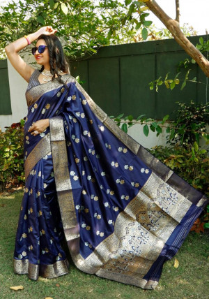 Navy blue color soft lichi silk saree with silver and golden zari weaving work