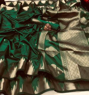 Green color lichi silk saree with golden zari weaving work