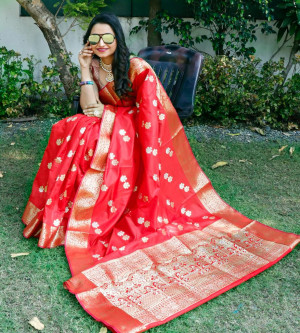 Red color soft lichi silk saree with silver and golden zari weaving work