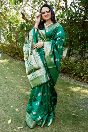 Green color soft lichi silk saree with silver and golden zari weaving work
