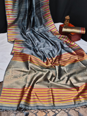 Gray color tussar silk weaving saree with ikkat woven border & zari woven pallu