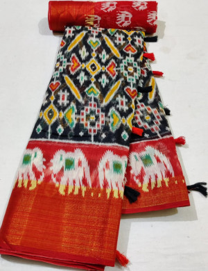 Black color soft linen cotton saree with golden zari weaving border