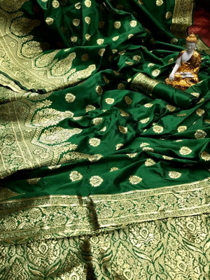 Green color soft banarasi lichi silk saree with golden zari work