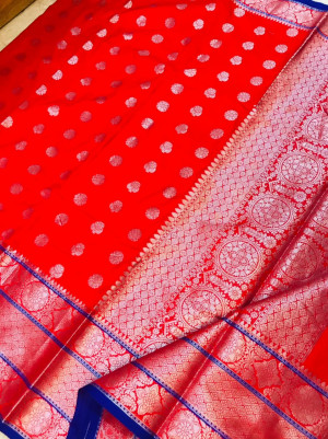 Red color lichi silk saree with silver zari work