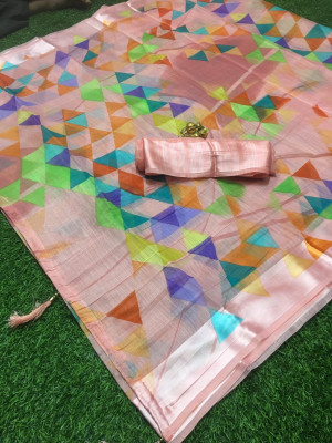 Multi color soft linen saree with beautiful printed work
