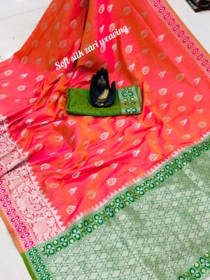 Peach color banarasi silk weaving jacquard saree with rich pallu