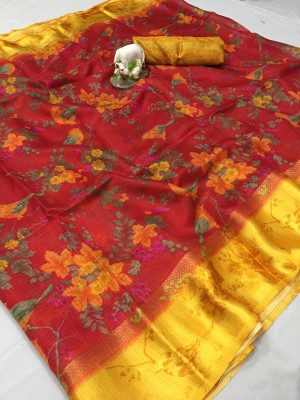Red color soft doriya cotton saree with beautiful flower print work