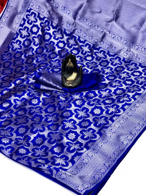 Royal blue color soft banarasi silk saree with silver zari weaving work