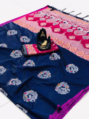 Navy blue color lichi silk saree with silver zari weaving work