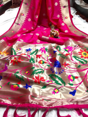 Pink color pure paithani silk saree with zari work