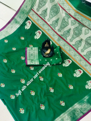 Green color banarasi silk golden zari weaving saree with rich pallu