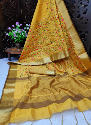 Yellow color assam silk saree with embroidered jal work