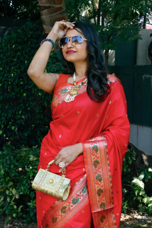 Red color Soft banarasi silk saree with golden zari jacquard weaving work