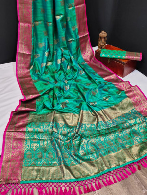 Rama green color banarasi khicha silk weaving saree with zari work