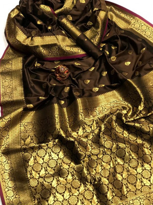 Coffee color soft banarasi lichi silk saree with golden zari weaving work