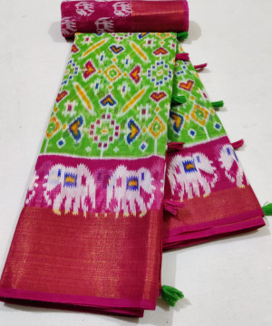 Green color soft linen cotton saree with golden zari weaving border