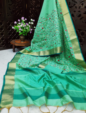Sea green color assam silk saree with embroidered jal work