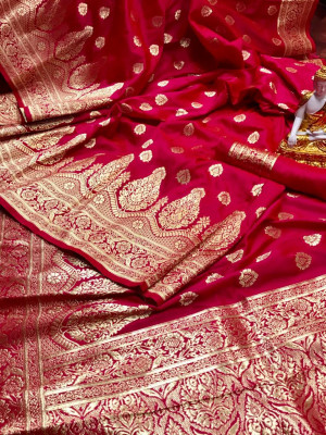 Pink color soft banarasi lichi silk saree with golden zari work