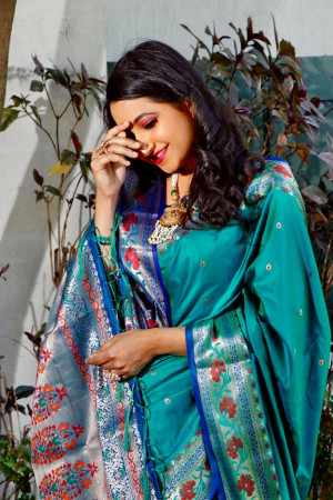 Rama green color Soft banarasi silk saree with golden zari jacquard weaving work
