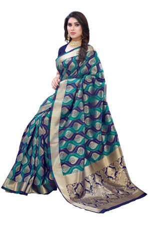 Navy blue color soft banarasi silk saree with golden zari work