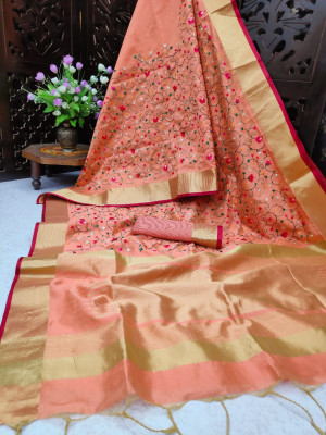 Peach color assam silk saree with embroidered jal work