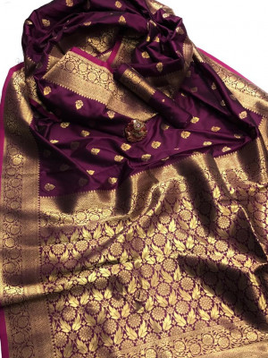 Magenta color soft banarasi lichi silk saree with golden zari weaving work