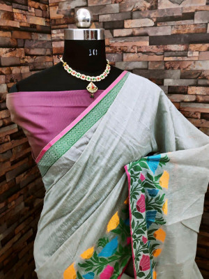 Gray color soft linen silk saree with woven work
