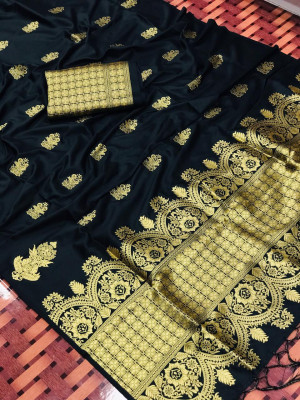 Black color lichi silk saree with golden zari work