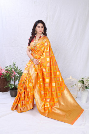 Yellow color banarasi silk saree with golden zari weaving work