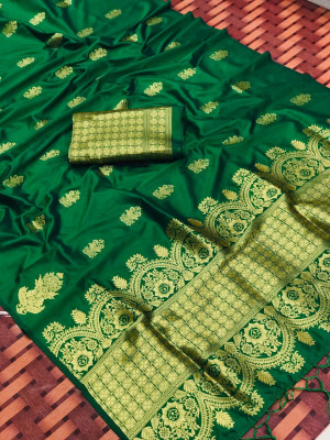 Green color lichi silk saree with golden zari work