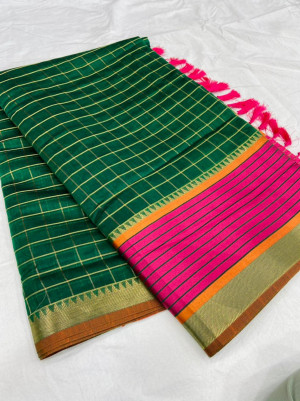 Green color soft cotton silk saree with satin patta zari weaving border